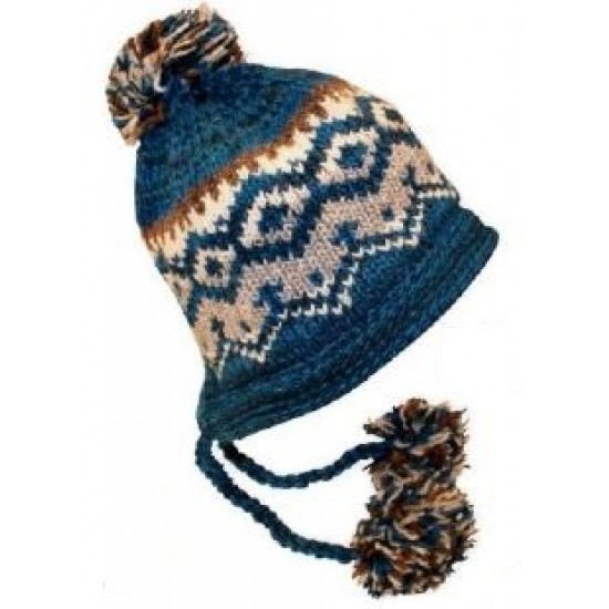 Wool knitted beanie with pompoms - Turquoise with Diamond Pattern (Unisex)